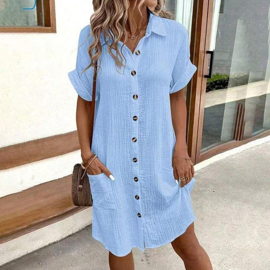CM | Mini vestido azul de manga corta con cuello