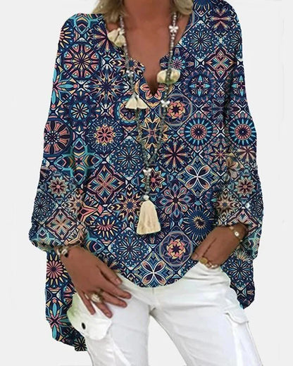 CM Estampado geométrico de manga larga con cuello de pico blusa casual para las mujeres