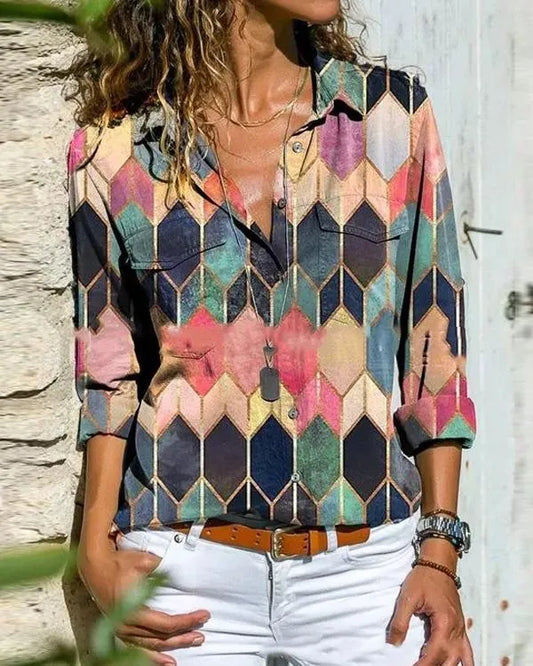 CM blusas de manga larga con cuello informal y bloques de color